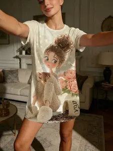 Vintage Bear Coffee Girl Print Short Sleeve Round Neck Sleepwear, Homewear, Loungewear, Casual Loose-Fitting Homeewear for All Seasons, Women's Pajamas