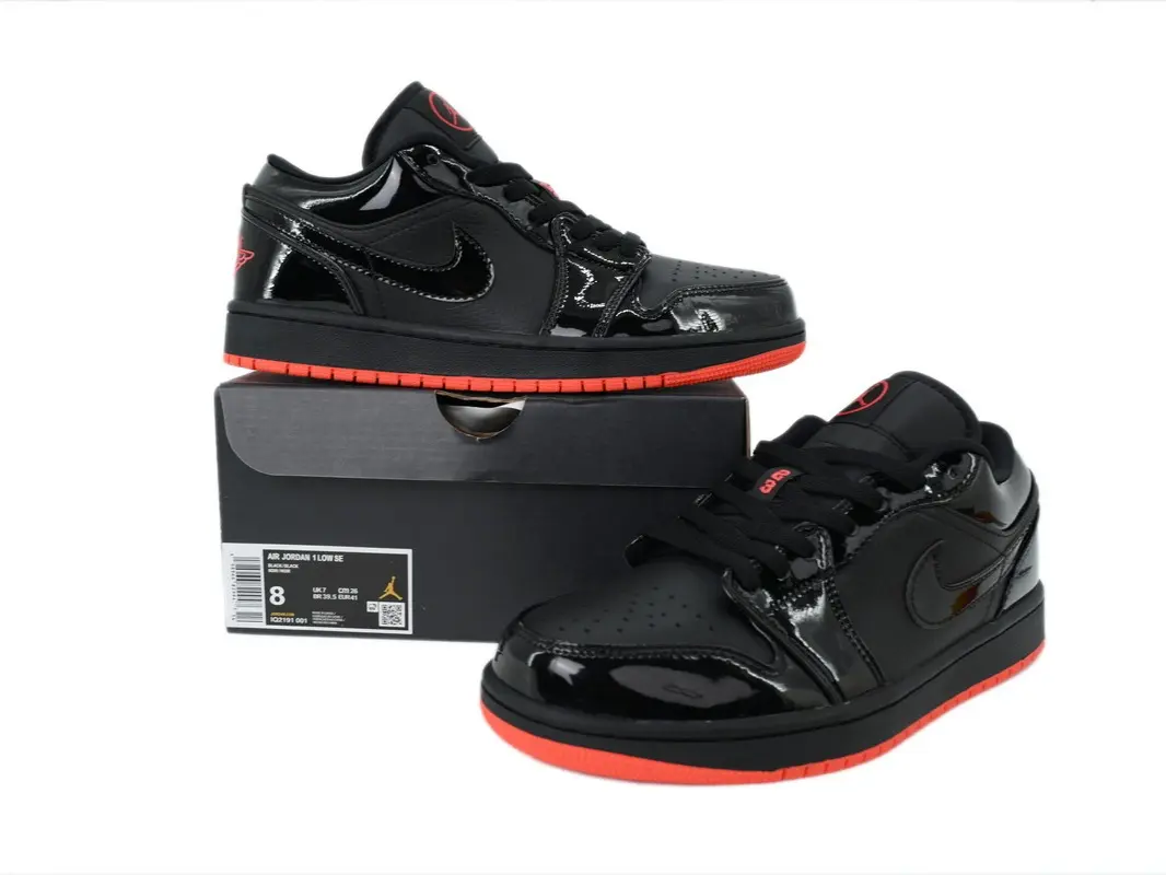 Glossy Patent Leather Low Top Trainers, Black Base with Red Outsole, Perforated Toe Box, Cushioned Midsole, Non-slip Rubber Outsole