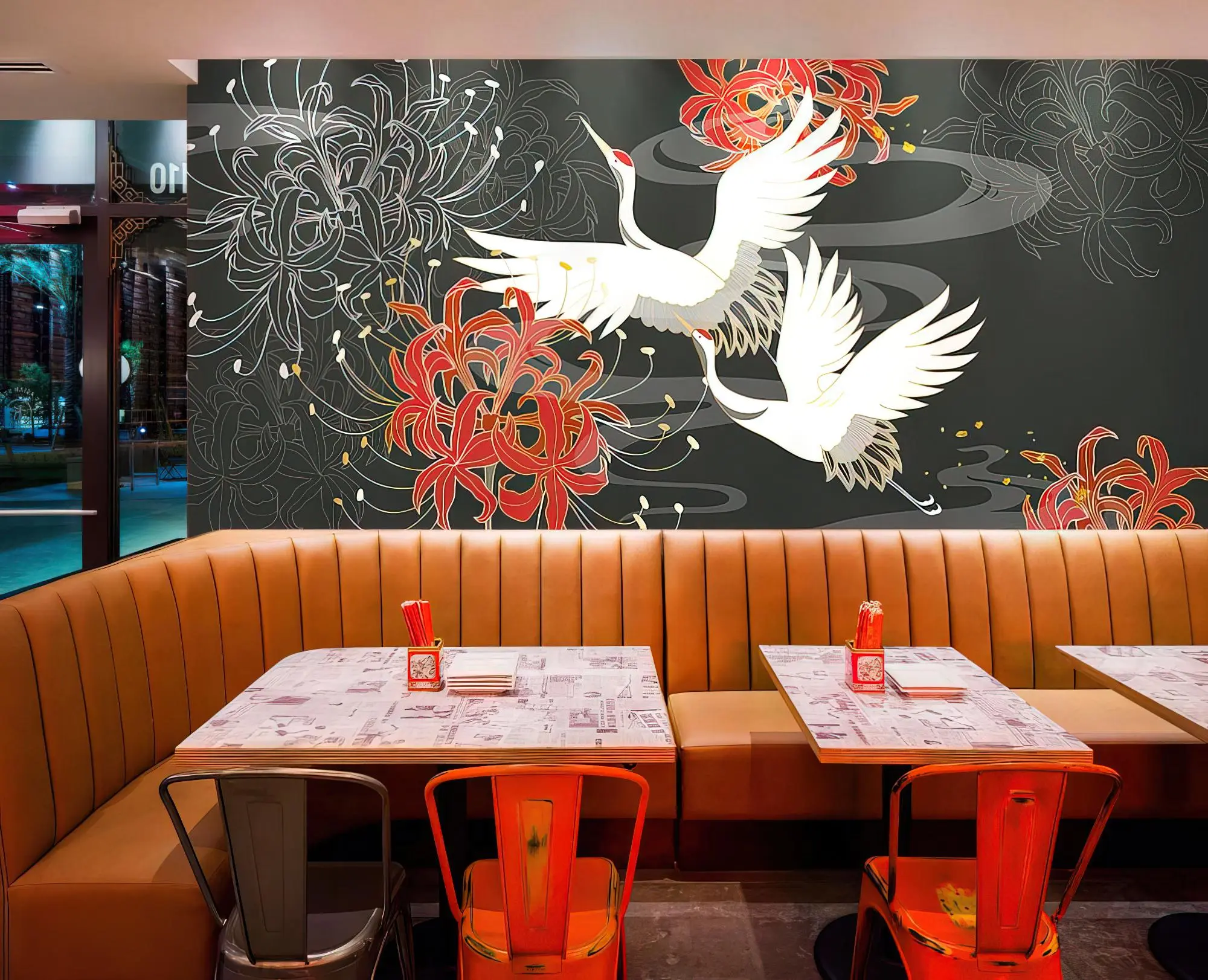 Chinese Crane Peel and Stick Wallpaper - Elegant Dark Floral Mural for Restaurants & Bars - Removable and Easy to Apply Wall Décor