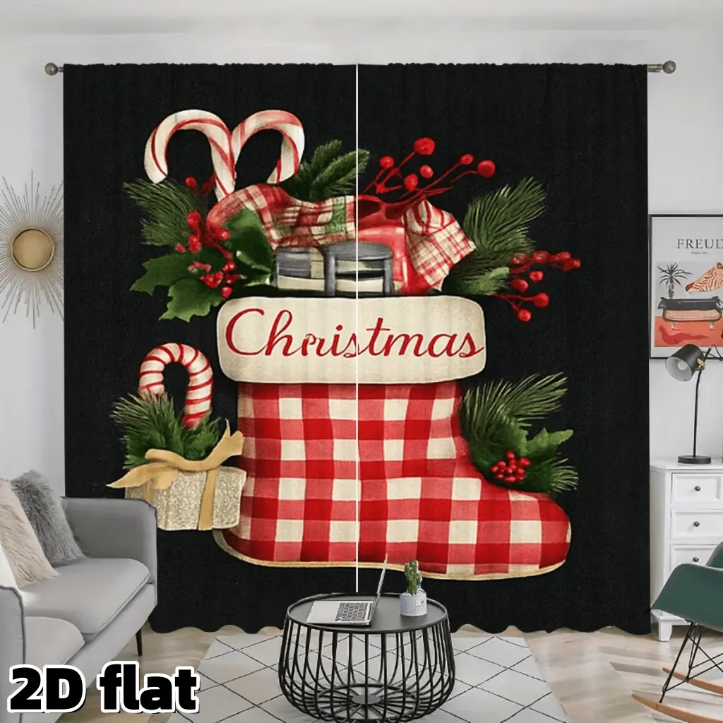 2D Flat 2Pcs Christmas Stocking Curtains Red Plaid Pattern Candy Cane Holly Berry Print Window Drapes Black Background Festive Home Decor Treatment for Living Room Bedroom Kitchen Holiday Season Decoration Gift Curtain