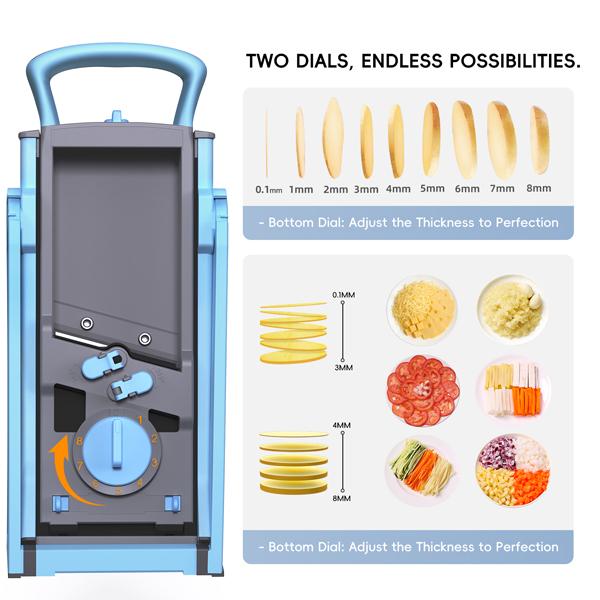 【ONCE FOR ALL】 Multi-functional Vegetable Slicer with 4 Modes Shredding Matchstick Slicing Dicing Adjustable Thickness 0.1-8mm Stainless Steel Blades Safe Healthy Kitchen Tool Dicer Shredder Modern Cut，Spring picnic / Gifts / Portable