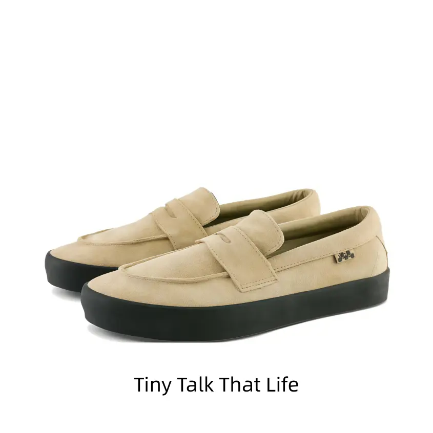 Trendy Slip-On Khaki Loafer Skate Sneakers Suede Canvas Mix Upper Anti Collision Round Toe All Black Outsole All Season Minimalist Footwear For Men Women