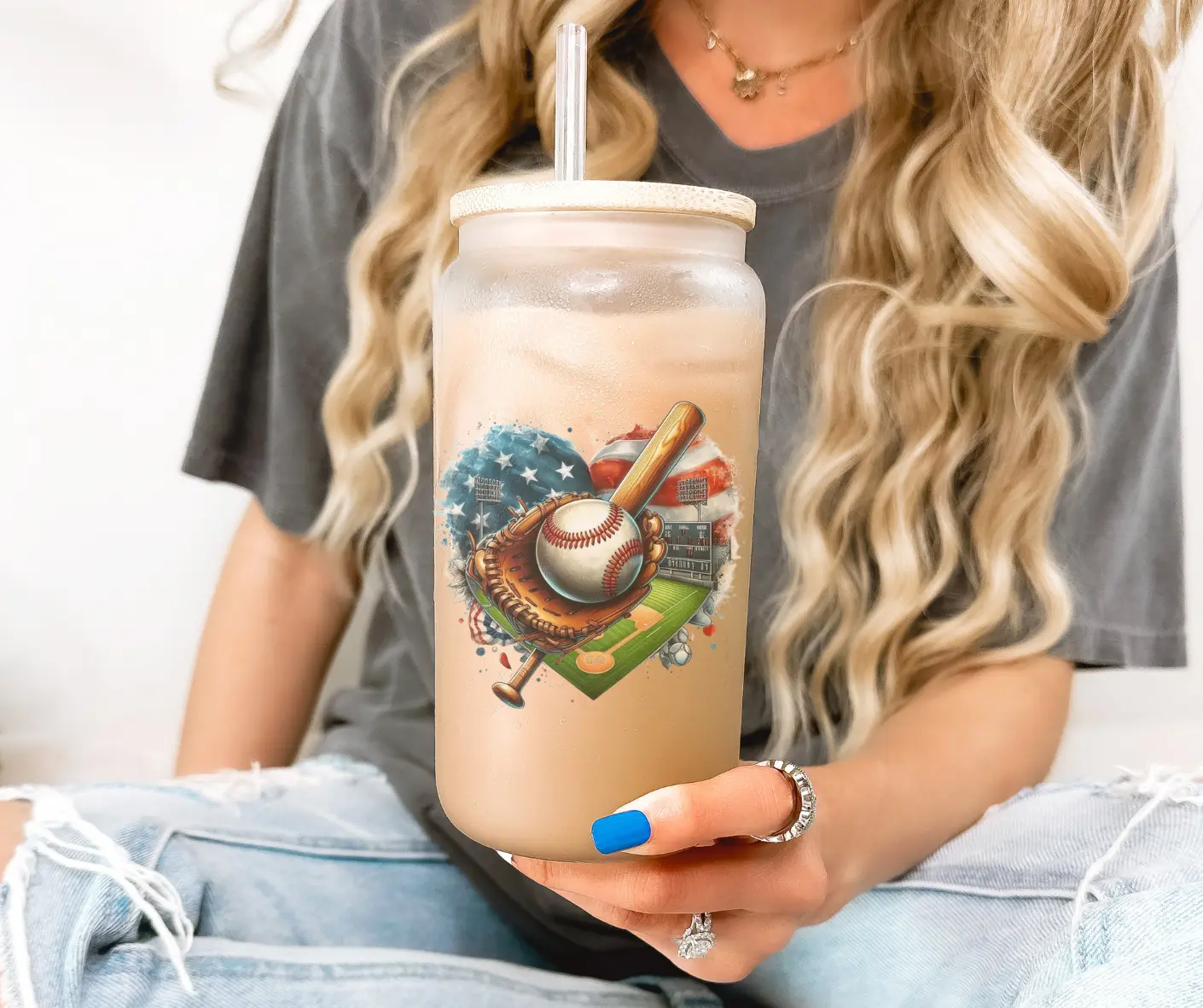 Baseball Softball All American Glass Cup with Lid and Straw 16 oz, Sports Themed Iced Coffee Cup, Baseball Glass Tumbler, Softball Stylish Mug Drinkware