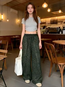 Women's High Waist Wide Leg Corduroy Pants, Leopard Print Casual Long Pants, Fashionable Loose Fit Elastic Waist, No Pockets, Womenswear
