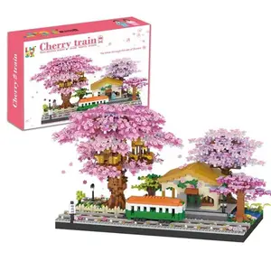 Cherry Blossom Bonsai Tree Micro Building Set, 1 Box Sakura Train Station Model, Flowers House Mini Bricks Building Kit, Flower Building Blocks, Creative Gift for Adults