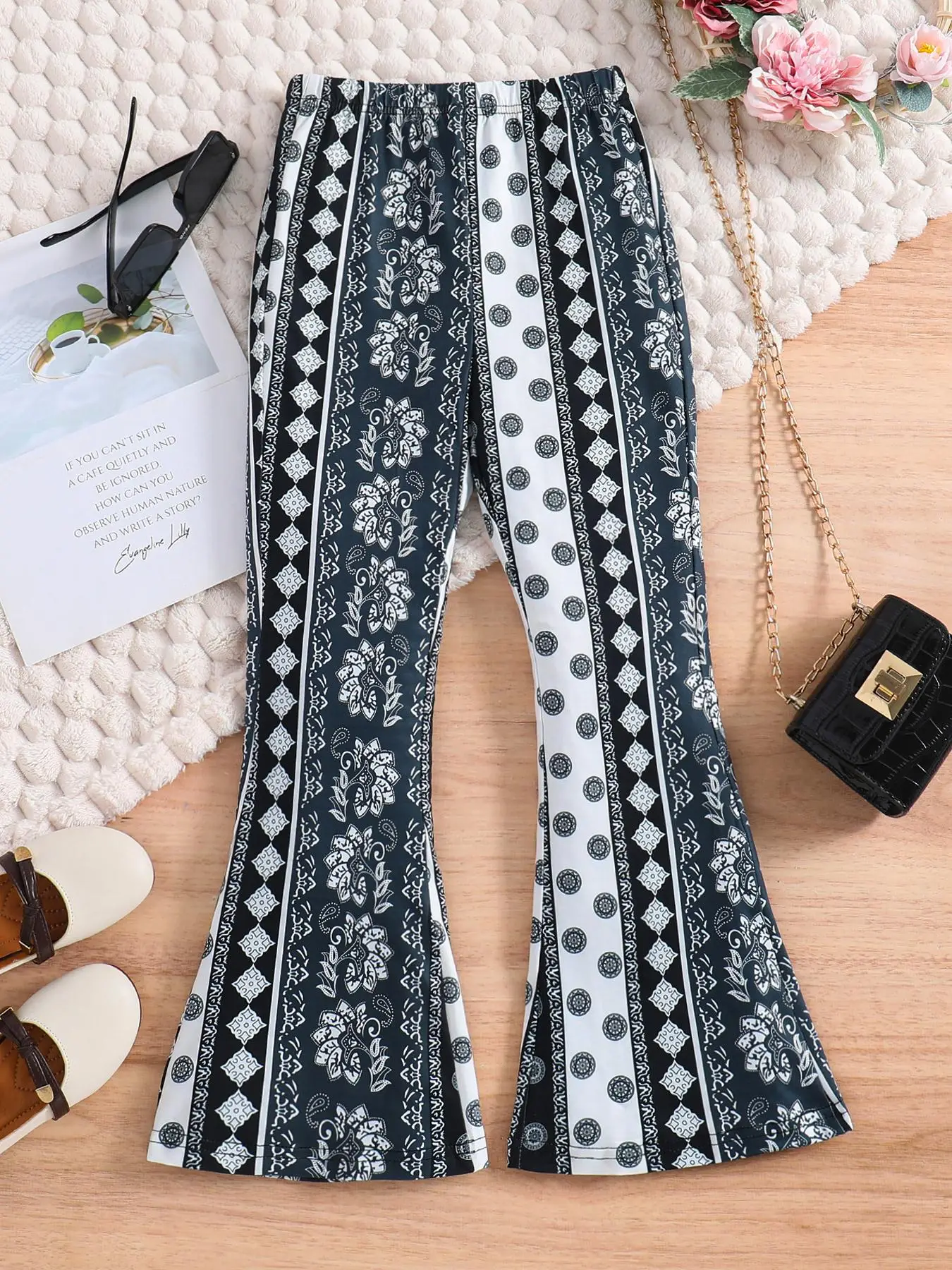 Girl's Ethnic Pattern Flare Leg Pants, Boho Casual Elastic Waist Bell Bottom Trousers for Daily Wear, Kids Clothing for Fall & Winter
