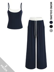 two-piece set women's solid 2 in 1 tank top & high waist wide leg pants set, casual sleeveless top & pants for outdoor sports, ladies summer clothes