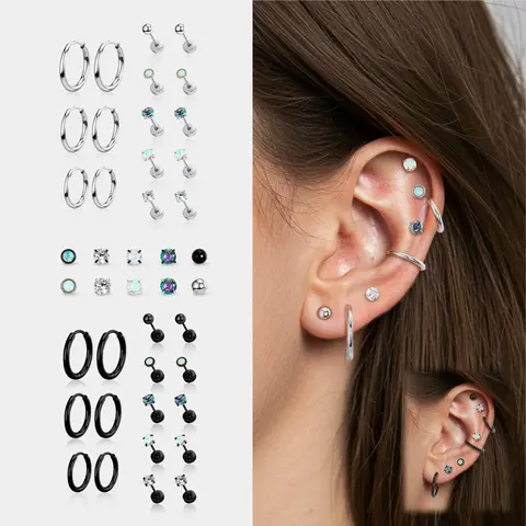 OUFER Unisex 16G 16PCS Assorted Set - Cubic Zirconia Marquise Hoops, Stud Earrings, Double Stacked Earring Stacking Set, Casual Costume Jewelry for Cartilage+Helix Piercing, Daily Styling