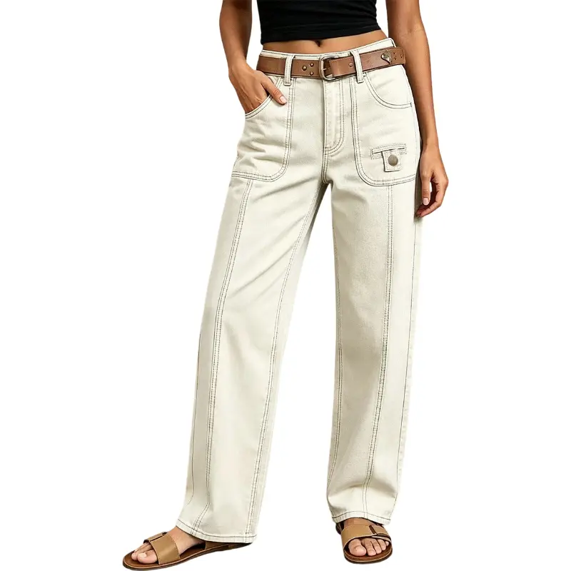 Flamingals Solid Seam Detail Patch Pocket Mid Rise Straight Leg Pants Without Belt Stretchy 29.1'' Inseam
