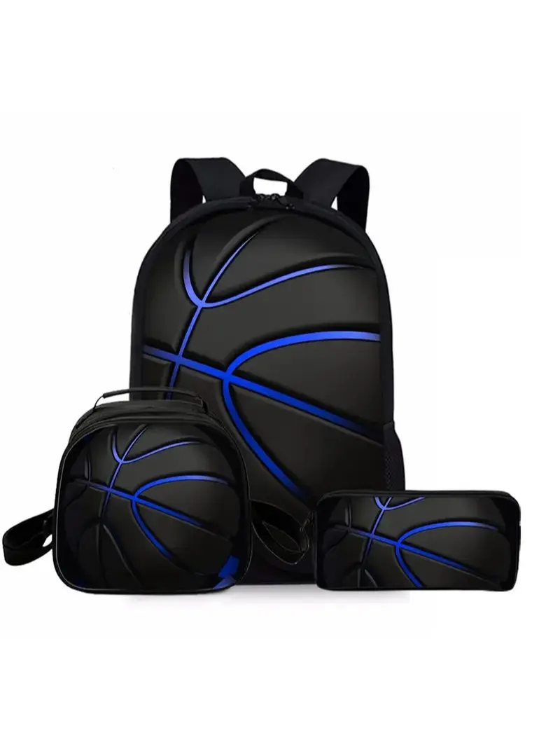Basketball-Themed 3-Piece School Backpack Set for Preschool-Primary Students, Stereo Embossed Matte Black & Neon Blue Texture, Waterproof Unisex Ergonomic Rucksack with Matching Lunch Box & Pencil Case
