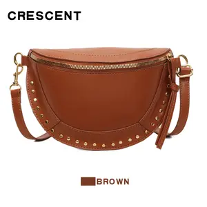 Casual retro crescent color crossbody bag Retro rivet crescent shoulder bag 3-in-1 vintage crescent studded bag solid