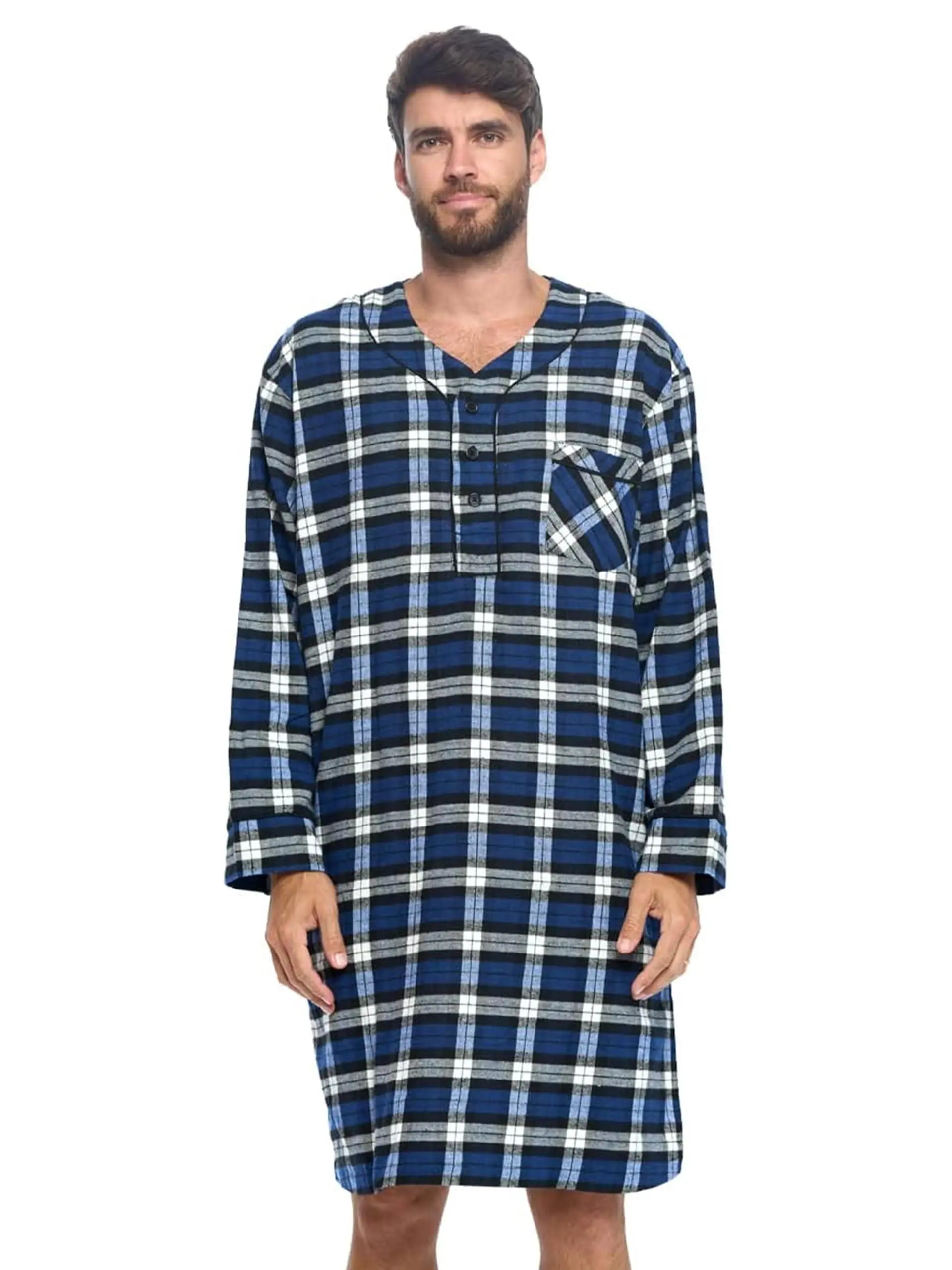 Ashford & Brooks Men's Casual Plaid Flannel Nightshirt, Long Sleeve Henley Loungewear in Soft Cotton Blend with 3-Button Placket, Crew Neck, Knitting, Warmth, Loose-Fit, Baggy, Oversize, With Pocket, Menswear Nightwear, Long Length, Oversized, Adults