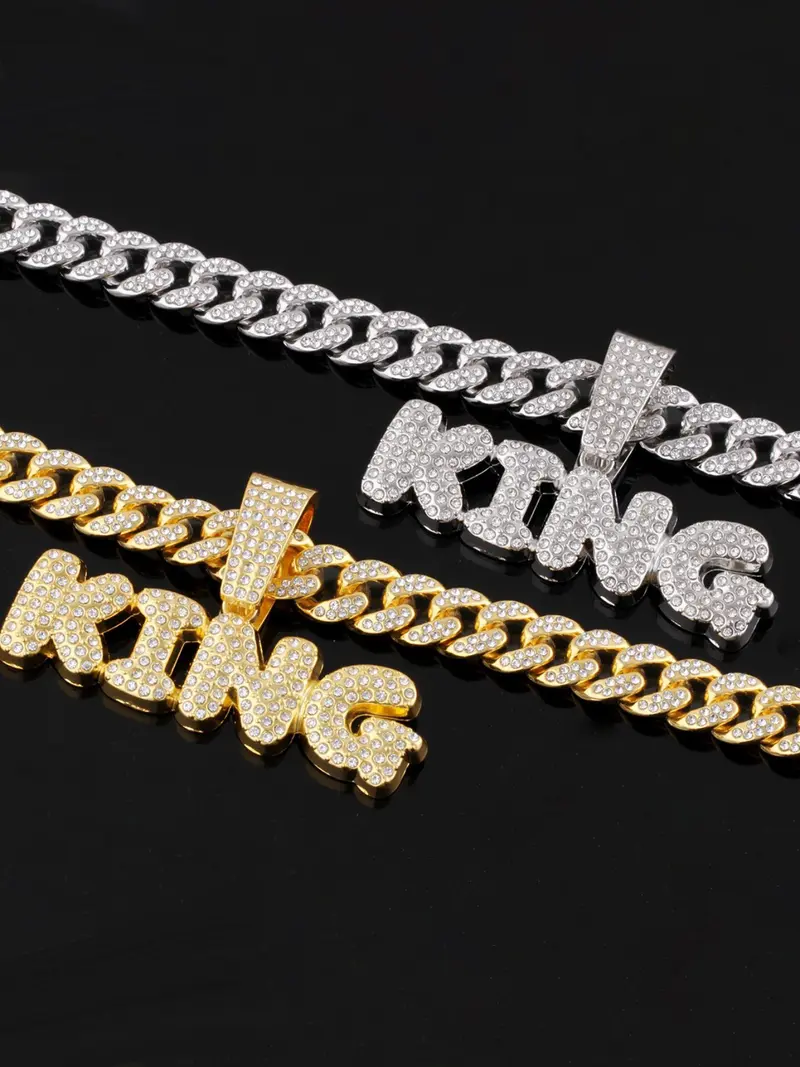 Hiphop Full Diamond King Letter Cuban Chain, Fully Encrusted Detail, Shiny, Unisex Street Style Jewelry, Cuban Link Chain