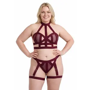 Plus Size Strappy Lingerie Set for Women Sheer Mesh Cage Bra and Panty with Garters