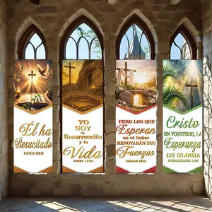 4 Pcs Religious Banners, Polyester Material Christian Resurrection Banner Set Spanish Bible Verse Print Easter Decoration Suitable for Church Home Indoor Wall Decor Religious Faith Holiday Ornament