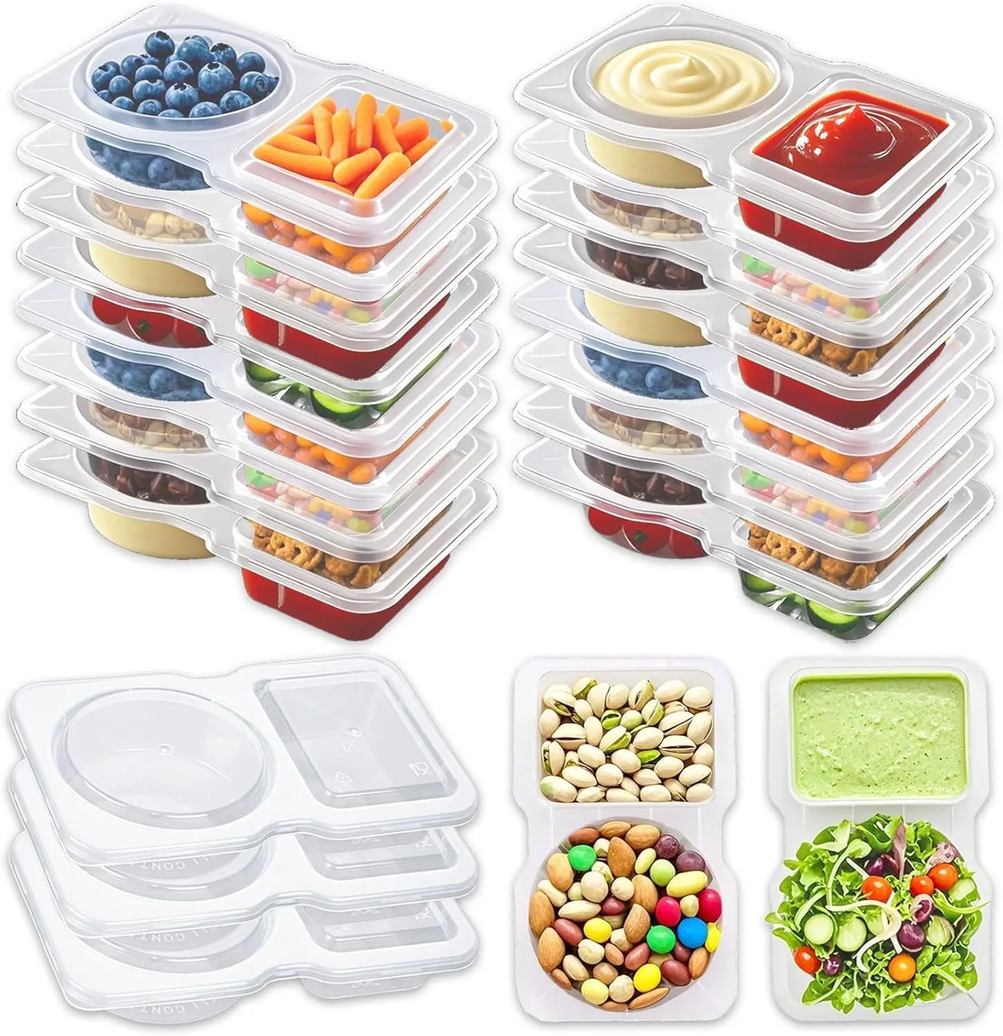 40 Pack 2 Compartment Reusable Snack Containers With Lids Mini Sauce Boxes Portable Lunchable Containers For Kids Adults School Office Picnic Travel Outdoor Camping Daily Food Storage Leakproof Small Divided Food Containers