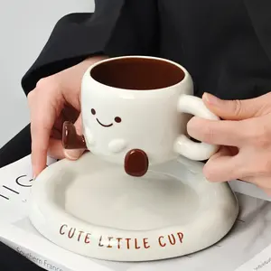 Hand-Painted Ceramic Coffee Cup Saucer Set, Cute Design for Cappuccino Latte Milk Tea, Reusable Artistic Drinkware for Home Cafe Restaurant