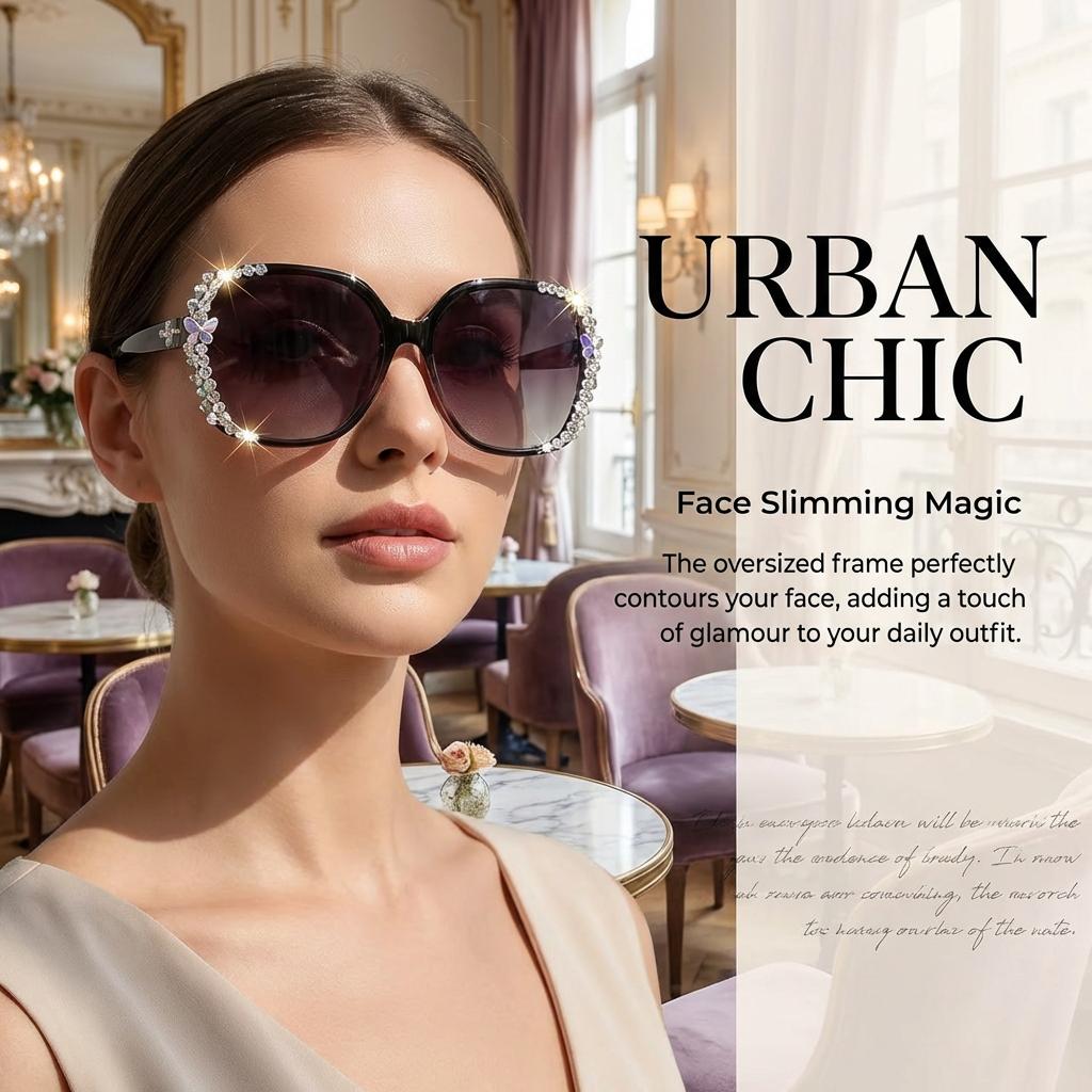 1Pcs Fashion Oversized Rhinestone Sunglasses UV400 Protection Bling Crystal Fashion Eyewear with Gradient Anti-Glare Lenses [Does not include gift box]