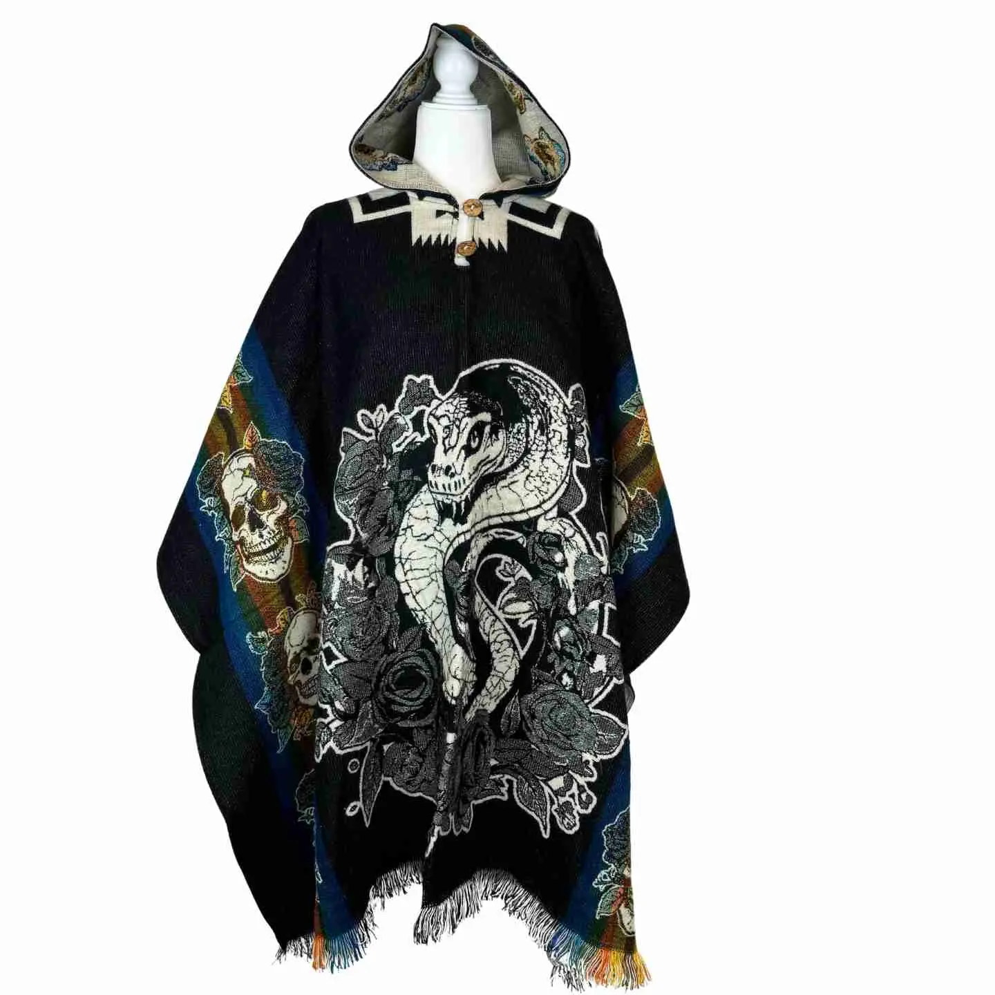 Soft Alpaca Acrylic Hooded Poncho, Unisex Baggy Boho Pullover with Snake, Roses & Skull Graphic, Winter Top, Tops, Garment, Loose, Wool, Oversized, Stylish, Snake Print, Fringe Edge
