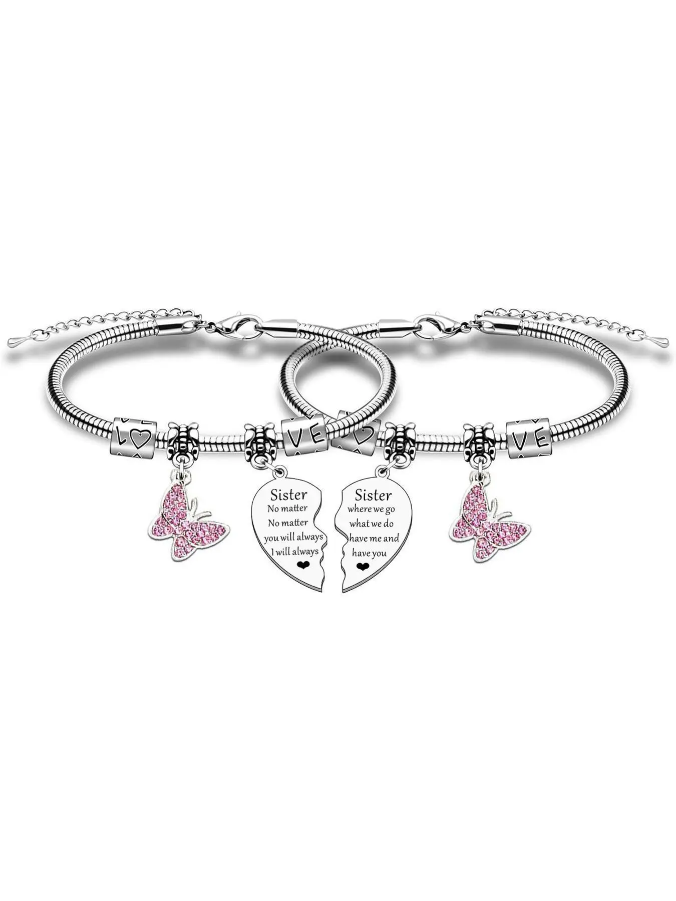 Sisters Heart Charm Decor Bracelet, Heart Shaped Bracelet, Rhinestone Decor Butterfly design Bracelet Bundle for Women & Girls, Fashion Jewelry for Party, Daily Clothing Decor, Birthday Gift