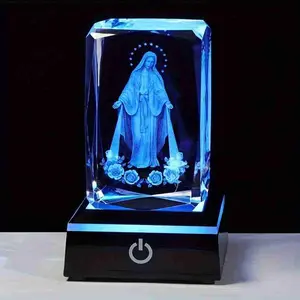3D Crystal Virgin Mary Statue Religious Gifts for Women Men Christian Laser Engrave Religious Figurine Christmas Ornaments Decor with Colorful LED Base Catholic Gifts Women Friends Faith figurine gift
