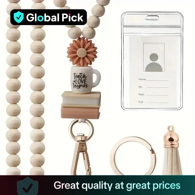 Inspiring Wooden Bead Necklace with Tassel & Key Ring, Engraved Pendant, Ideal Teacher Gift, Student Jewelry, Includes Card Holder Accessories