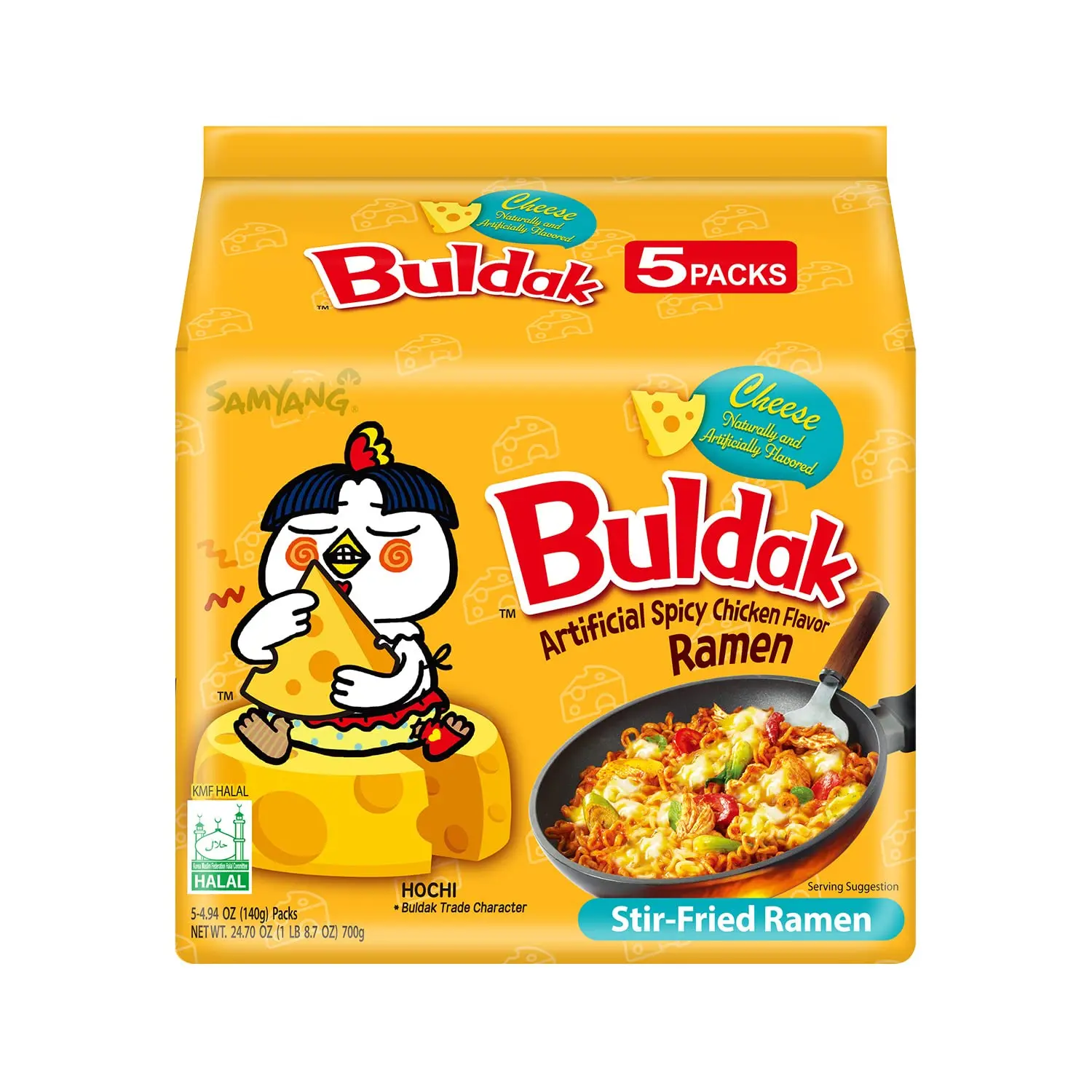 Samyang Buldak Cheese Super Spicy Instant Ramen Noodles (5 Packs) - Ramen Noodles Buldak, Ambient Pantry Food, 18g, 1440mg, Cholesterol-Free, Cheese-Infused, Corn Syrup Hint, Garlic & Onion Notes, Quick-Easy Stir-Fried Prep, Solo Enjoyment, 550 Calories