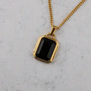 Gold Onyx Stone Pendant Chain Necklace