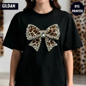 Leopard Rhinestone Bow Tee Glam Animal Print Graphic Shirt