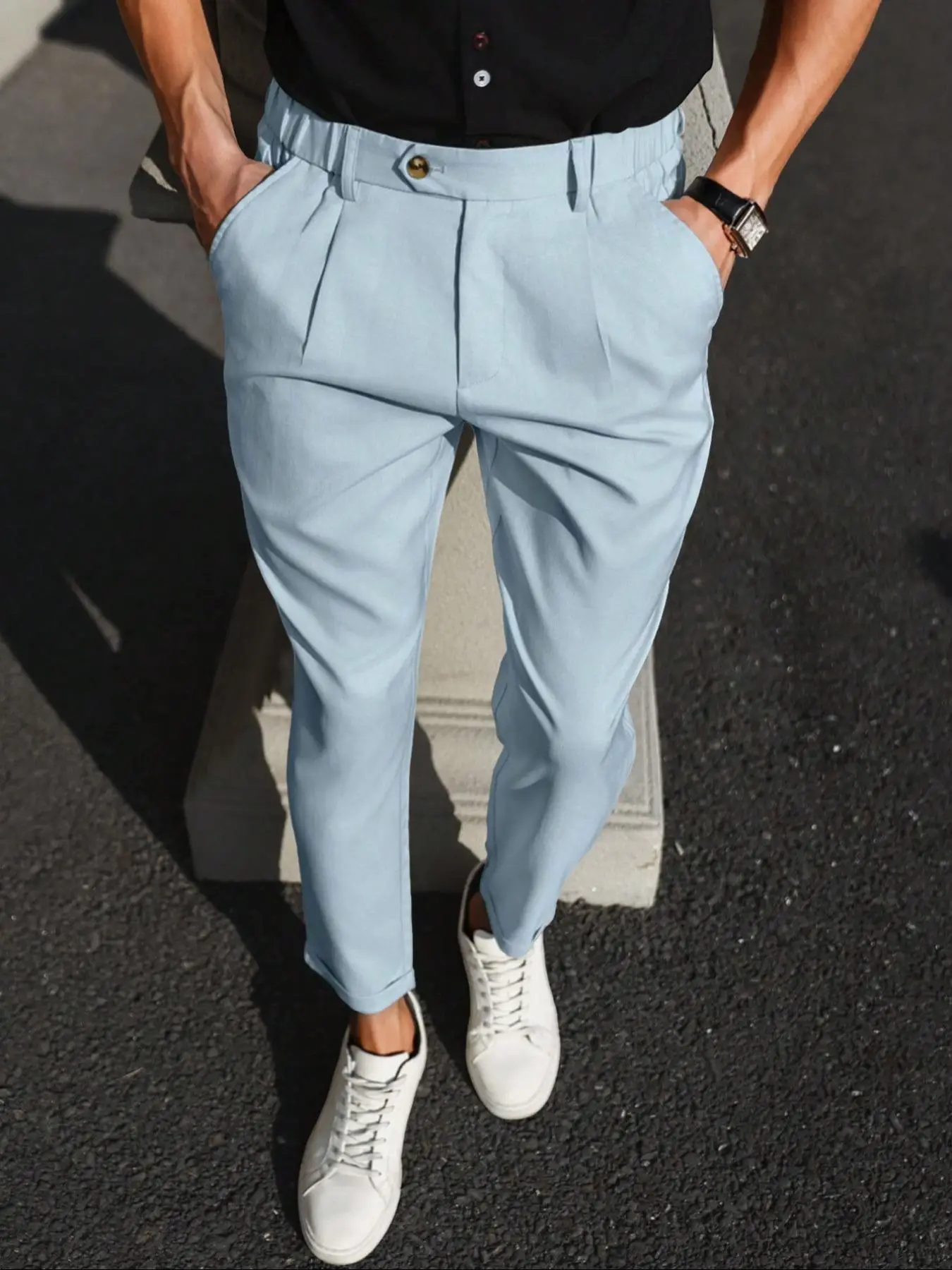 Men's Solid Color Button Fly Plicated Suit Pants, Regular Fit Business Pocket Trousers for Work Office, Fashion Men's Clothes for All Seasons, Nationa