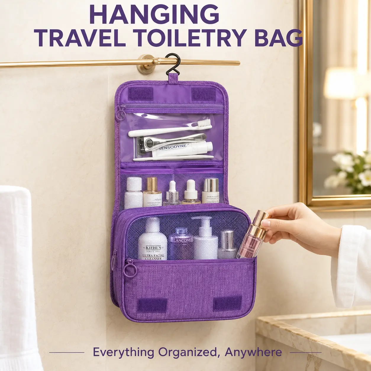 Travel Toiletry Bag with Hanging Hook, Waterproof Makeup Organizer Bag for Vacation, Hotel, Gym and Business Trips, Portable Bathroom Storage Organizer for Women and Men
