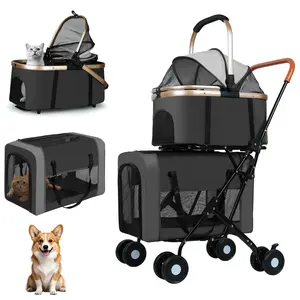 OMNIRA Double Pet Stroller with Detachable Carriers - 4-in-1 Compact Double Dog Stroller for 2 Medium Small Dogs and Cats - Foldable Travel System with Storage, Black