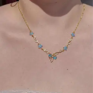 Elegant Cherry Blossom Bow Zircon Necklace For Women Y2K Sweet Girls Crystal Flowers Pendant Necklace Wedding Party Jewelry Gift
