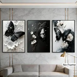 3pcs Butterfly Floral Creative Design Posters, Art Wall Decor, Living Room Bedroom Office Gift, Personalized Canvas Poster