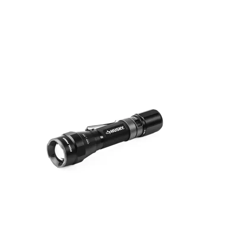 Husky Super Bright Flashlight, 1200 Lumens Dual Power LED Rechargeable Focusing Torch with Built-In Batteries, Dual Material Build, Durable for Hiking