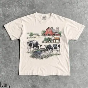 Unisex Graphic Tee Vintage Farm Barn Life Country Print Retro 90s Rural Design Oversized T Shirt Streetwear Style Crewneck Short Sleeve Soft Cotton Breathable Loose Fit Daily Wear Summer Outfit Country Aesthetic Gift Top