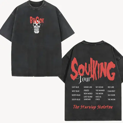 Brook "SoulKing Tour" Menswear Oversized Unisex Washed Vintage Heavyweight Cotton T-Shirt - Casual, Distressed, Double Print, Whimsical Art, Street Fit, Substantial Feel, Bold Manga Graphic Double-Sided Tee, T Shirts Women, Streetwear Gift for Anime Fans