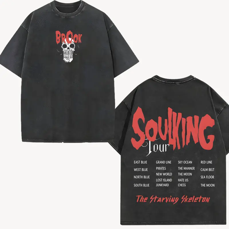 Brook "SoulKing Tour" Menswear Oversized Unisex Washed Vintage Heavyweight Cotton T-Shirt - Casual, Distressed, Double Print, Whimsical Art, Street Fit, Substantial Feel, Bold Manga Graphic Double-Sided Tee, T Shirts Women, Streetwear Gift for Anime Fans