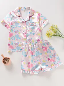 Girls' Sleepwear Set 2-Piece Heart Print Satin Fabric, Short Sleeve Button-Up Top & Elastic Shorts, All-Season Comfortable Home Wear