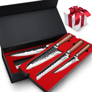 Huusk Chef Knife Set 6 pcs, Kitchen Knives with Hand-forged High Carbon Steel Blade, Sharp Cooking Knife Set with Ergonomic Wood Handle, Professional Kitchen Knife Set with Gift Box for Men