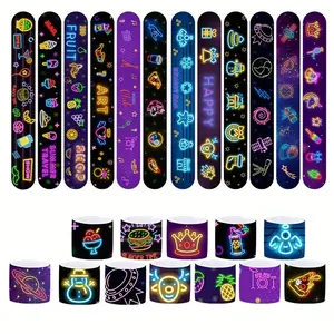 12pcs Neon Slap Bracelets Wristbands, Neon Light Theme Birthday Party Decorations, Glow in the Dark Party Supplies, Party Event Props, Party Favor Packs for Kids School Rewards