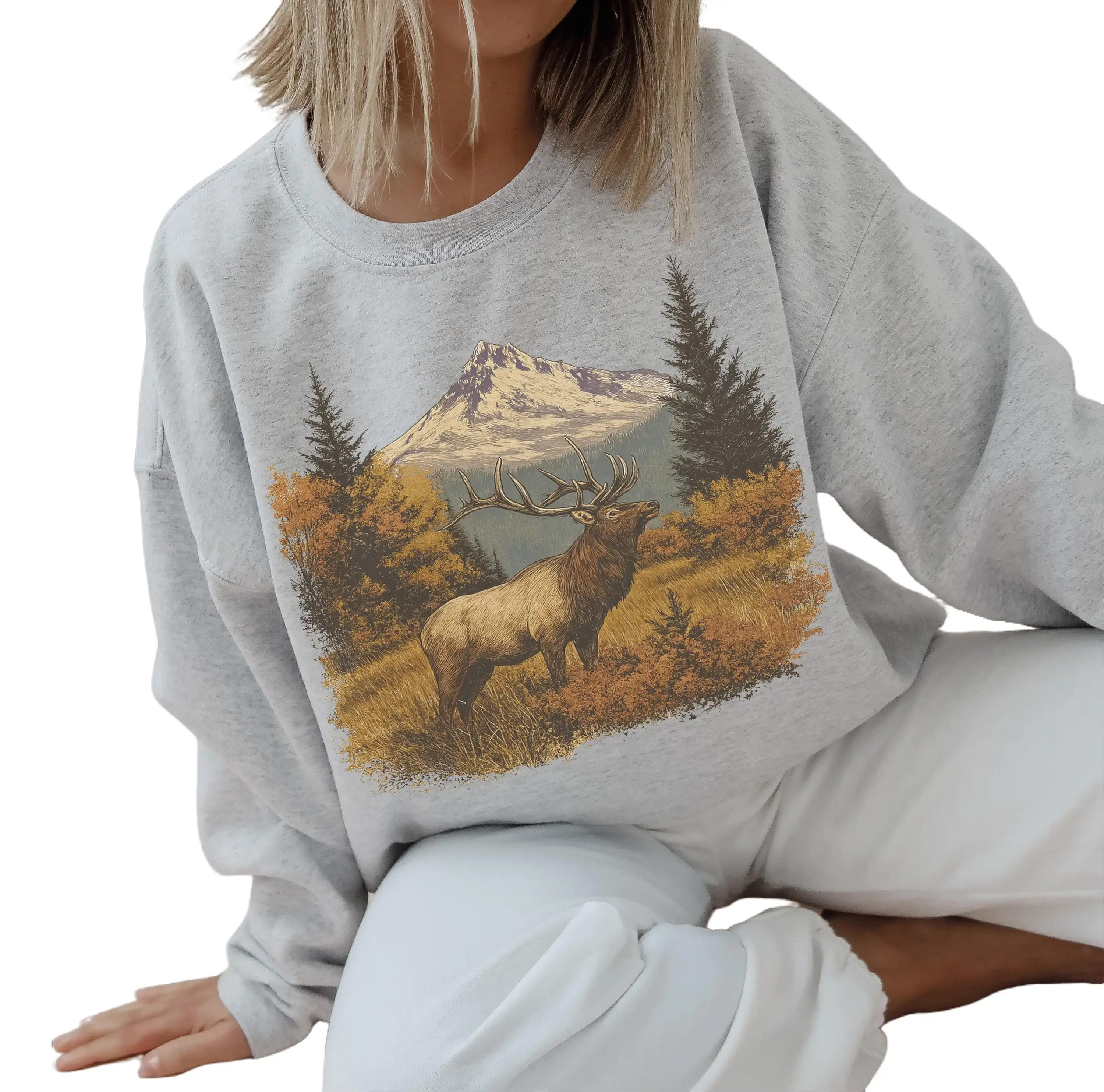 Vintage Elk Sweatshirt, Retro 90s Deer Crewneck, Forest Hunter Scene Sweater, Wildlife Nature Lover Gift, Cozy Fall Pullover