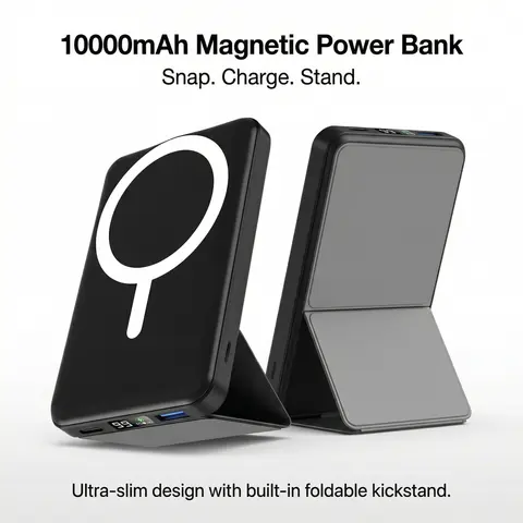 Podoru 10000mAh Magnetic Power Bank - MagSafe-Compatible Silicone Mobile Charging Solution, 22.5W Fast, 5-15W Wireless, 20W PD, Foldable Stand, Smart LED Display, USB-C Ready for iPhone 17/16/15/14/13/12 Series, Travel Essential for Devices