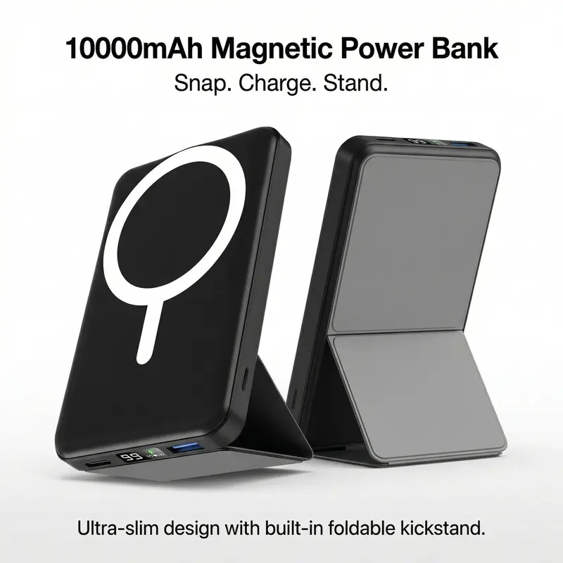 Podoru 10000mAh Magnetic Power Bank - MagSafe-Compatible Silicone Mobile Charging Solution, 22.5W Fast, 5-15W Wireless, 20W PD, Foldable Stand, Smart LED Display, USB-C Ready for iPhone 17/16/15/14/13/12 Series, Travel Essential for Devices