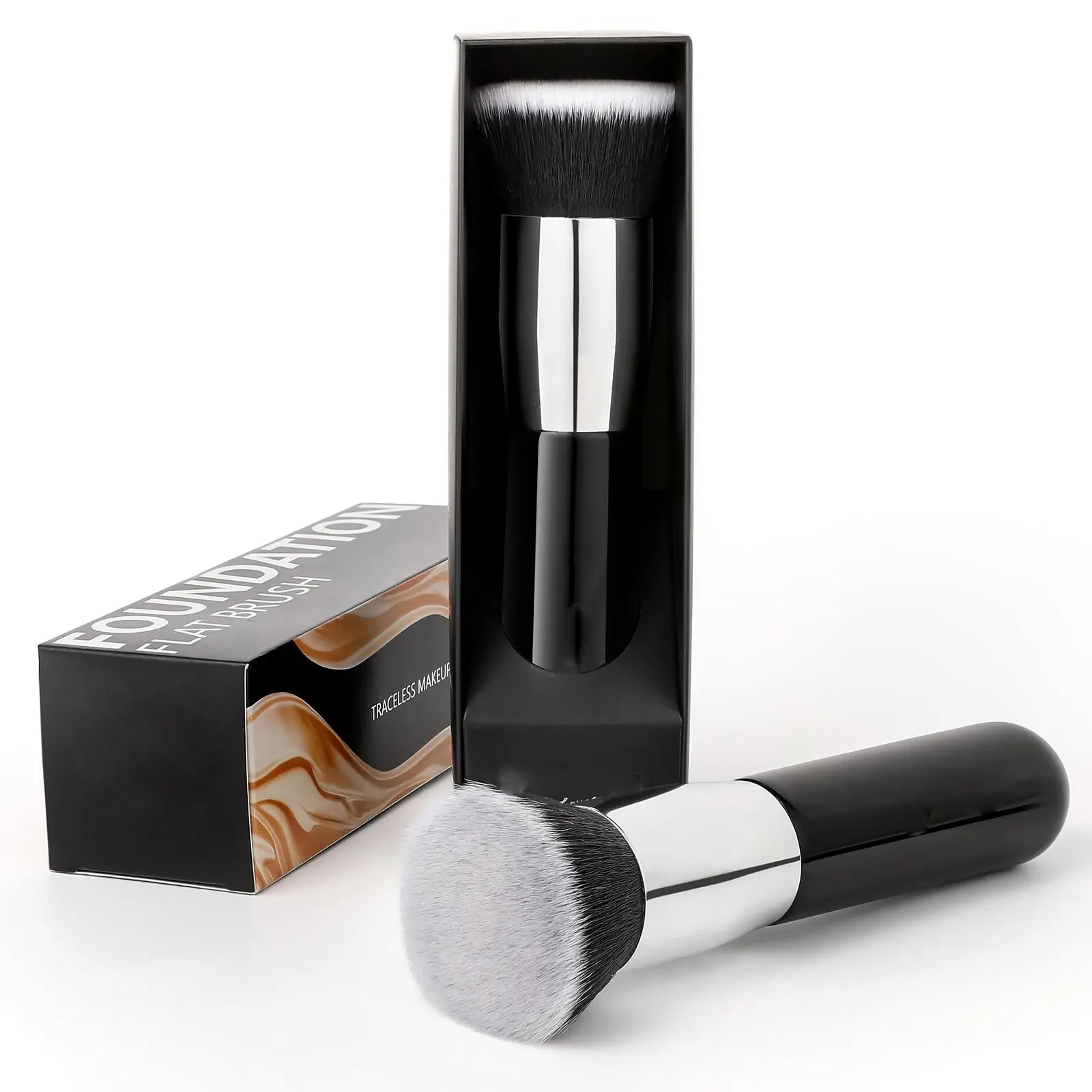 Kabuki Foundation Brush for Liquid Makeup Flat Top Professional Stick Buffing Blending Mineral Powder Large Face Makeup Brushes, Black，wavy talk thermal brush，makeup brush set