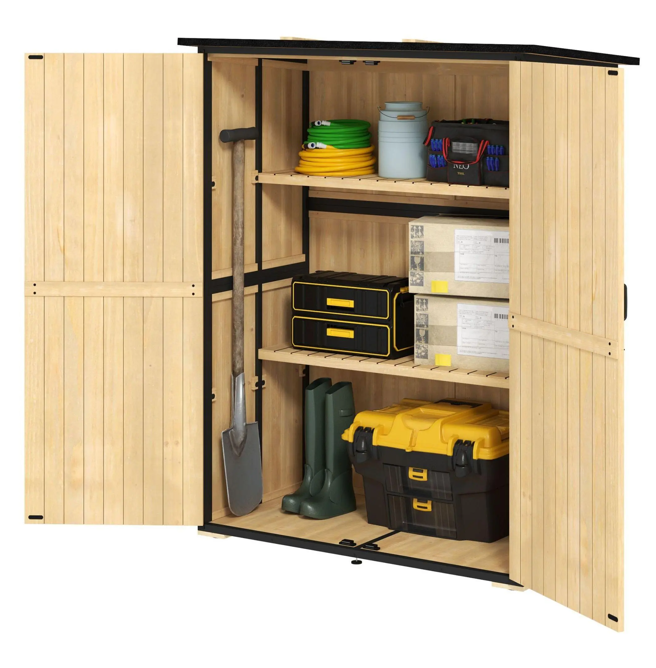 Rectangular Natural Wood Outdoor Storage Shed - Storage Unit Closet, Garden Furniture with Asphalt Roof, Lockable Doors, 55.1"W x 29.1"D x 65.7"H