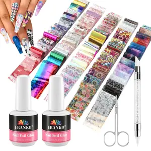Ebanku 80pcs Nail Art Foil Set with 30ML Gel Polish, Starry Flower Transfer Stickers, Nail Art Tools, Salon Home Use, No Lamp Needed