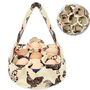 Farmhouse Mini Egg Carry Basket with 7 Pockets, Chicken Duck Goose Egg Collector Basket, Cute Rooster Hen Print, Rustic Home & Garden Egg Storage Holder
