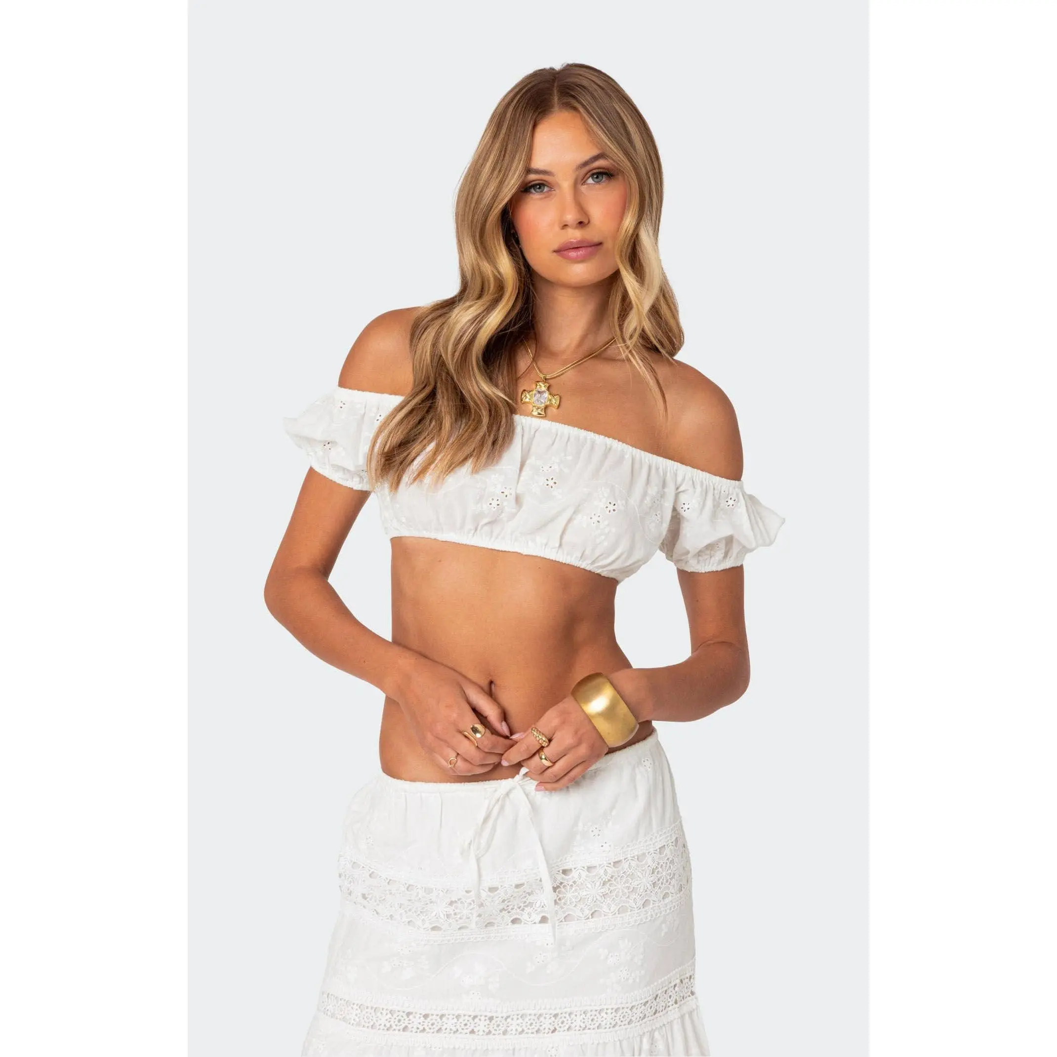 Edikted Women's Skye Off Shoulder Eyelet Crop Top