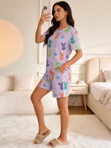 Easter Bunny Heart Print Women's Short Sleeve Shorts Pajama Set, Romantic Valentine's Day Sleepwear, Soft Comfortable Home Wear, Loungewear